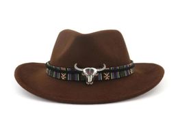 2021 Wide Brim Western Cowboy Jazz Hat Cap Men Women Wool Felt Fedora Hats Ribbon Metal Bullhead Decorated Black Panama Cap31191519156179