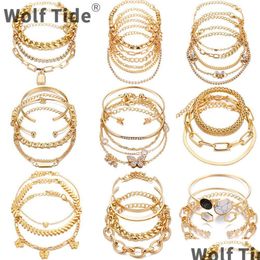 Chain Bracelets And Bangles Bundle Set Punk Rock Hip Hop Mti Layered Cuban Link Bracelet For Women Lock Butterfly Charms Jewellery Who Dh7I9