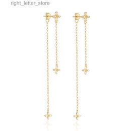 Stud AIDE 925 Sterling Silver Sweet Double Long Chain Tassel Earrings For Women Flower Zircon Earring Pierced 18K Gold Plate bijoux YQ231211