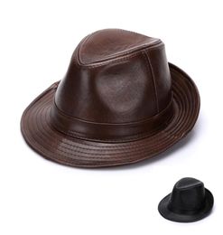 Fashion Men 100 Genuine Leather Fedora Trilby Hat Gentleman Jazz Cap Gangster Casual Hats1747811