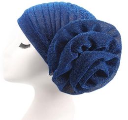 Party Prom Hat Women Headscarf Turban cap Indian Muslim Pea Hat Bright Silk Big Flower Elastic Headband Chemotherapy Cap gifts1557624