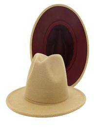 Tan Burgundy Patchwork Faux Wool Felt Jazz Fedora Hats with Felt Band Women Men Flat Brim Panama Trilby Cap Party Hat2188783