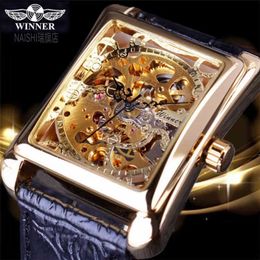 Luxury rectangular double-sided hollow mechanical watch men's student business fashion personalized leather belt wristwatch gift