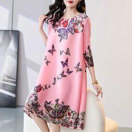 Casual Dresses Spring And Summer Miyake Pleated Mother Skirt Butterfly Print High-end Temperament Loose Large Size Slim A-line Women