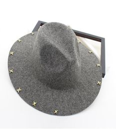 Wide Brim Wool Felt Fedora Jazz Hats Rivets Decor Women Men Panama Style Trilby Party Cowboy Cap Unisex Fashion Gambler Hat6523934