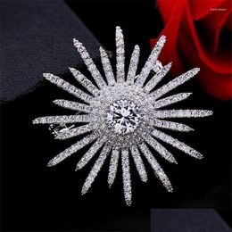 Pins Brooches Large White Cubic Zirconia Sunflower Brooch Pin Luxury Crystal For Women Jewellery Bling Broach Dress Broches Drop Deliver Dholw