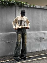Nofaith studios Designer Men Jeans Old Wash Black Grey Micro Horn Denim Loose Pants