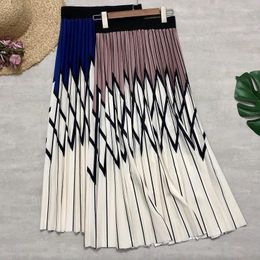 Skirts Spring And Summer Skirt Women's Diamond Plaid Printed Pleated High Waist Striped Bohemian Cotton A-Line