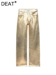 Women's Jeans DEAT Women's Coated Denim Pants Mid Wasit Loose Gold Washed Vintage Long Straight Cargo Jeans Autumn Fashion 19F1050 231211