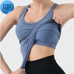 lu-44 yoga top women short sleeveless tank with padded bra slim fit running workout vest athletic sport t-shirt solid fitness exercise gy