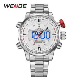 WEIDE MenS Sports Model Multiple Functions Business Auto Date Week Analog LED Display Alarm Stop Watch Steel Strap Wrist Watch2872