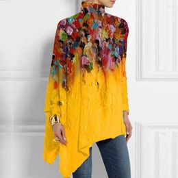 Women's Blouses Women High Collar Top Long Sleeve Personalized Colorful Artistic Print Blouse With Irregular For Fall