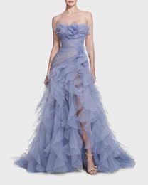 Casual Dresses Dreamlike Dusty Blue Ruched Tulle Split Long Gowns Tiered Floral Women Formal Party Strapless Maxi