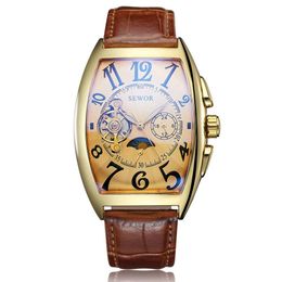 Vintage Skeleton Watch Men Automatic Mechanical Wristwatch Self Winding Leather Bracelet Moon Phase Male Clock Relogio Masculine252z