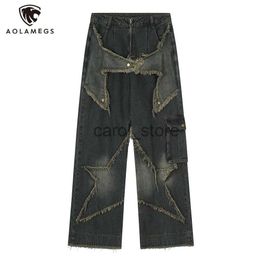 Men's Pants Hip Hop Men Denim Jeans Stars Tassels Patchwork Wide Leg Pants Harajuku Casual Loose High Street Trousers Punk Retro Streetwear J231208