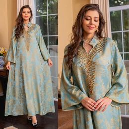 Ethnic Clothing Muslim Embroidery Beading Abaya Ramadan Eid Casual Evening Dress For Women Gown Stand V-neck Jalabiyat Long Sleeve Fashion