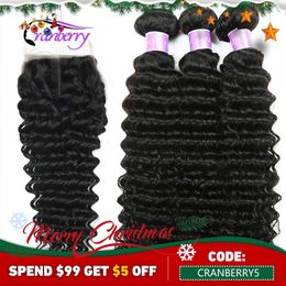 Synthetic Wigs CRANBERRY Hair Deep Wave Human Hair Bundles With Closure 4 pcs/lot Brazilian Hair Weave Bundles With Closure Remy Hair 231211