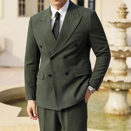 Men's Suits 2023 High Quality Double Breasted Striped Casual (Suit ) Wedding Fashion Suit Hip Lapel Collar Two-piece Green
