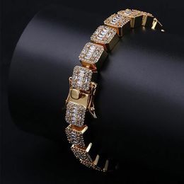 Mens 14K Gold Iced Baguette Diamonds Bracelet 10mm Bling Bling Bracelets with Locked Clasp Cubic Zircon Bracelets Hip Hop 44g2450