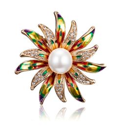 Large Pearl Rhinestone Sunflower Brooches Enamel Metal Flower Brooch Pin Pins Scarf Buckle Gift Women Jewelry8192942