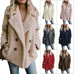 Casaco de pele falsa de pelúcia feminino, sobretudo de inverno, jaquetas grossas femininas, lapela quente, manga comprida, fofo e confortável com bolsos, plus size