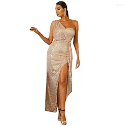 Casual Dresses Aliunique Elegant One Shoulder Draped Split Sequin Gold Evening Dress Sexy Women Cocktail Party Maxi Shinny Prom Gown