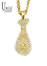 UWIN Stainless Steel Dollar Sign Purse Gold Coins Money Bag Pendant With Rhinestone Charms Iced Out Necklace Hip Hop 2010143552155