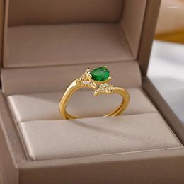 Cluster Rings Green Color Zircon For Women Open Stainless Steel Cubic Zirconia Gold Ring Couple Wedding Aesthetic Jewelry Anillos Mujer