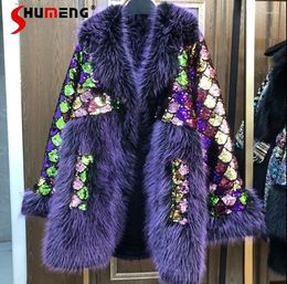 Women's Fur Coat 2023 Winter Fashion Luxury Long Sleeve Toka Colourful Sequin Warm Jacket Oversized Thickened Women