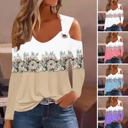 Women's Blouses Women Polyester Top Flower Print Off-shoulder Blouse Breathable Loose Fit V-neck Spring Soft Stretchy T-shirt