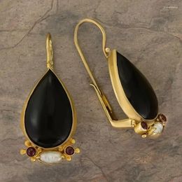 Dangle Earrings 2023 Vintage Black Water Drop Onyx Stone For Women Gold Colour Geometry Long Wedding Jewellery Gifts