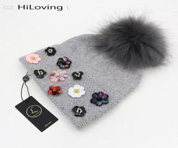 New Design Winter Womens Wool Hat With Big Real Fur Pom Pom Knit Beanie Hats Soft Floral Pattern Skullies Caps For Women Ladies4616496