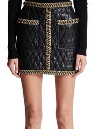 Skirts Gold Chain Edge Skirt PU Faux Leather Lion Buckle Embellishment Diamond Grid Mini Pencil Women