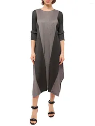 Casual Dresses Miyake Pleats Please Women Side Split Patchwork Color Dress 2024 Fashion Elegant Causal Plus Size Korean