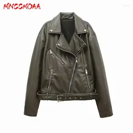 Women's Leather MNCCMOAA 2023 High Quality Woman Fashion Vintage Loose Faux Jacket Coats Female Casual Zipper Biker Outerwear Tops