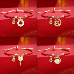 Charm Bracelets Creative Chinese Zodiac Signs Dragon Gold Color Pendant For Women Handmade Red Rope Lucky Jewelry Gift