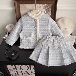 Clothing Sets Girls Fashion Set 2023 Autumn Winter Small Fragrant Wind Coarse Tweed Coat Children's Celebrity Style Half Skirt Two Piece