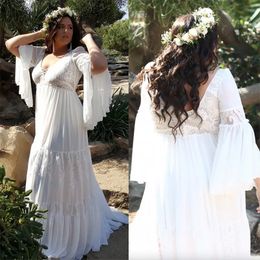 Plus Charming Lace Size Beach Wedding Dresses V Neck Long Sleeves Bohemian Bridal Gowns A Line Floor Length Chiffon Boho Robe De Mariee