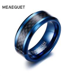 Meaeguet Trendy 8MM Blue Tungsten Carbide Ring For Men Jewellery Black Carbon Fibre Wedding Bands USA Size S18101607260l