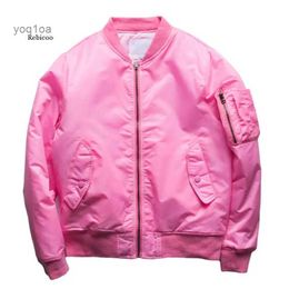 Men's Jackets Mens Pink Bomber Jacket Padded Aviator Jackets Zippered Sleeve Pocket Stand Collar Baseball Jacket Military Style Pink CoatL231210
