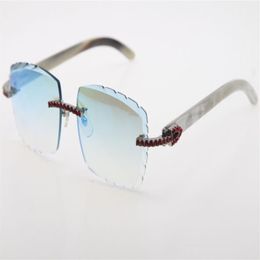 whole Rimless Red Big Stones Sunglasses Optical 3524012-A White Genuine Buffalo Horn glasses High Quality Carved lense Eyewear232P