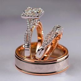 Luxury Female White Square Crystal Classic Rose Gold Colour Wedding Ring Set Vintage Zircon Stone Engagement Rings For Women2208