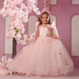 Girl Dresses Pink Ball Gown Flower Appliques Sleeveless Kids Birthday Pageant Gowns Elegant Ribbons Children Pograpghy Robes