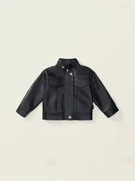 Jackets 2024 Early Spring Girl's PU Leather Jacket Fashion Mandarin Collar Zipper Outwear Black Long Sleeve Windproof Top