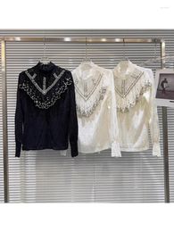 Women's Blouses HIGH STREET Fashion 2023 Designer Blouse Shirt Water Diamond Studded Bead Lace