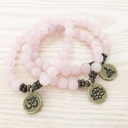 SN1107 Genuine Rose Quartz Bracelet Antique Brass Om Buddha Lotus Charm Bracelet Gift For Her274R