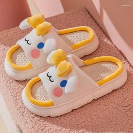 Slippers Cute Cartoon Linen Slipper For Womens Kawaii RabbitClouds Shoes Female Design Cosy Slides Spring Platform Couples Sandals