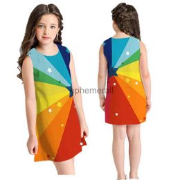 Basic Casual Dresses New Summer Explosion Sleeveless 3D Rainbow Print Teen Toddler Kid Girl Summer Sleeveless 3D Print Cartoon Dresses YQ231211