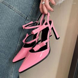 Slippers Solid Colour Pointed Toe Women Sandals Buckle Strap Bow-knot Female Pumps Summer High Heel Slingback Shoes Elegant Zapatos Mujer