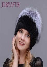 Fashion Winter Warm Women Knitting Caps Mink hats Vertical weaving with FOX Fur On The Top S181017088369710